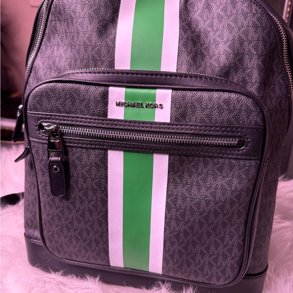 Michael Kors Charcoal Backpack with Green Accent